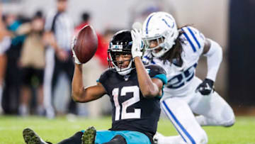 JACKSONVILLE, FLORIDA - DECEMBER 29: Dede Westbrook #12 of the Jacksonville Jaguars celebrates after scoring a touchdown during the fourth quarter of a game against the Indianapolis Colts at TIAA Bank Field on December 29, 2019 in Jacksonville, Florida. (Photo by James Gilbert/Getty Images)