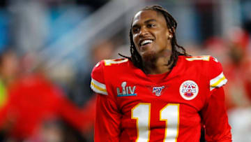 MIAMI, FLORIDA - FEBRUARY 02: Demarcus Robinson #11 of the Kansas City Chiefs celebrates after defeating the San Francisco 49ers in Super Bowl LIV at Hard Rock Stadium on February 02, 2020 in Miami, Florida. (Photo by Kevin C. Cox/Getty Images)