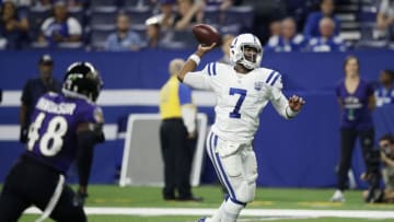 INDIANAPOLIS, IN - AUGUST 20: Jacoby Brissett #7 of the Indianapolis Colts throws a pass in the third quarter of a preseason game against the Baltimore Ravens at Lucas Oil Stadium on August 20, 2018 in Indianapolis, Indiana. (Photo by Joe Robbins/Getty Images)