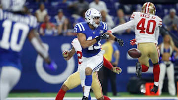 INDIANAPOLIS, IN - AUGUST 25: D.J. Reed #40 of the San Francisco 49ers defends a pass in the end zone against Ross Travis #43 of the Indianapolis Colts in the third quarter of a preseason game at Lucas Oil Stadium on August 25, 2018 in Indianapolis, Indiana. (Photo by Joe Robbins/Getty Images)