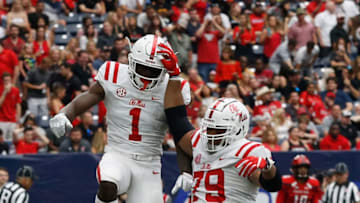 HOUSTON, TX - SEPTEMBER 01: A.J. Brown #1 of the Mississippi Rebels celebrates with Javon Patterson #79 after scoring on a 34 yard pass and run in the fourth quarter against the Texas Tech Red Raiders at NRG Stadium on September 1, 2018 in Houston, Texas. (Photo by Bob Levey/Getty Images)