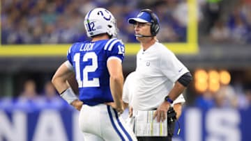 INDIANAPOLIS, IN - SEPTEMBER 09: Andrew Luck #12 of the Indianapolis Colts talk with head coach Frank Reich in the game against the Cincinnati Bengals at Lucas Oil Stadium on September 9, 2018 in Indianapolis, Indiana. (Photo by Andy Lyons/Getty Images)