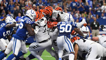 INDIANAPOLIS, IN - SEPTEMBER 09: Joe Mixon #28 of the Cincinnati Bengals dives for a touchdown in the game against the Indianapolis Colts at Lucas Oil Stadium on September 9, 2018 in Indianapolis, Indiana. (Photo by Bobby Ellis/Getty Images)