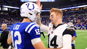 INDIANAPOLIS, IN - SEPTEMBER 09: Andy Dalton #14 of the Cincinnati Bengals and Andrew Luck #12 of the Indianapolis Colts meet after the game at Lucas Oil Stadium on September 9, 2018 in Indianapolis, Indiana. (Photo by Andy Lyons/Getty Images)