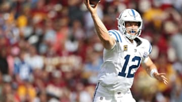LANDOVER, MD - SEPTEMBER 16: Quarterback Andrew Luck #12 of the Indianapolis Colts looks to pass against the Washington Redskins during the second half at FedExField on September 16, 2018 in Landover, Maryland. (Photo by Patrick Smith/Getty Images)