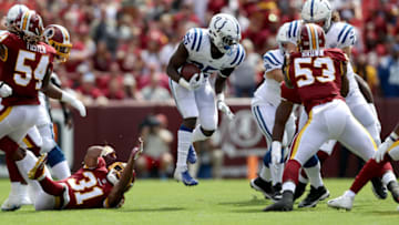 LANDOVER, MD - SEPTEMBER 16: Marlon Mack #25 of the Indianapolis Colts runs with the ball against the Washington Redskins in the first half at FedExField on September 16, 2018 in Landover, Maryland. (Photo by Rob Carr/Getty Images)