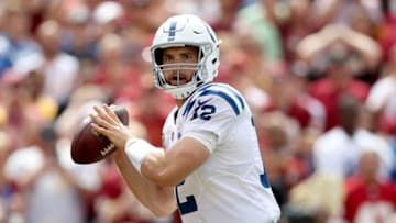 LANDOVER, MD - SEPTEMBER 16: Quarterback Andrew Luck #12 of the Indianapolis Colts throws a first half pass against the Washington Redskins at FedExField on September 16, 2018 in Landover, Maryland. (Photo by Rob Carr/Getty Images)