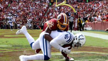 LANDOVER, MD - SEPTEMBER 16: Eric Ebron #85 of the Indianapolis Colts catches a first half touchdown pass in front of Montae Nicholson #35 of the Washington Redskins at FedExField on September 16, 2018 in Landover, Maryland. (Photo by Rob Carr/Getty Images)