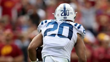 LANDOVER, MD - SEPTEMBER 16: Jordan Wilkins #20 of the Indianapolis Colts rushes the ball against the Washington Redskins at FedExField on September 16, 2018 in Landover, Maryland. (Photo by Rob Carr/Getty Images)