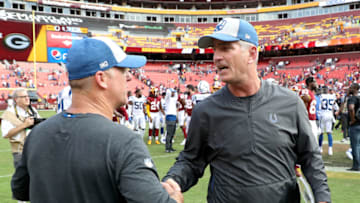 LANDOVER, MD - SEPTEMBER 16: Head coach Frank Reich of the Indianapolis Colts (right) is congratulated after defeating the Washington Redskins at FedExField on September 16, 2018 in Landover, Maryland. (Photo by Rob Carr/Getty Images)