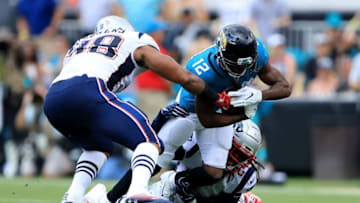 JACKSONVILLE, FL - SEPTEMBER 16: Dede Westbrook #12 of the Jacksonville Jaguars rushes for yardage during the game against the New England Patriots at TIAA Bank Field on September 16, 2018 in Jacksonville, Florida. (Photo by Sam Greenwood/Getty Images)