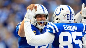 INDIANAPOLIS, IN - SEPTEMBER 30: Andrew Luck #12 and Eric Ebron of the Indianapolis Colts celebrate after a touchdown in the fourth quarter during the game against the Houston Texans at Lucas Oil Stadium on September 30, 2018 in Indianapolis, Indiana. (Photo by Andy Lyons/Getty Images)