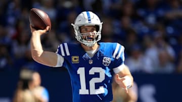 INDIANAPOLIS, IN - SEPTEMBER 30: Andrew Luck #12 of the Indianapolis Colts throws a pass during the game against the Houston Texans at Lucas Oil Stadium on September 30, 2018 in Indianapolis, Indiana. (Photo by Andy Lyons/Getty Images)