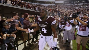 STARKVILLE, MS - OCTOBER 06: Gerri Green #4 of the Mississippi State Bulldogs celebrates after a game against the Auburn Tigers at Davis Wade Stadium on October 6, 2018 in Starkville, Mississippi. The Mississippi State Bulldogs won 23-9. (Photo by Jonathan Bachman/Getty Images)
