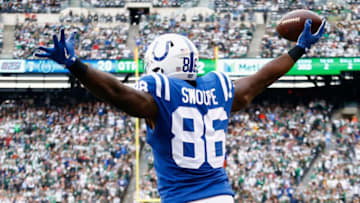 EAST RUTHERFORD, NJ - OCTOBER 14: Tight end Erik Swoope #86 of the Indianapolis Colts celebrates his touchdown against the New York Jets during the fourth quarter at MetLife Stadium on October 14, 2018 in East Rutherford, New Jersey. (Photo by Mike Stobe/Getty Images)