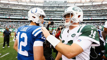 EAST RUTHERFORD, NJ - OCTOBER 14: Quarterback Andrew Luck #12 of the Indianapolis Colts talks with quarterback Sam Darnold #14 of the New York Jets after the Jets 42-34 win at MetLife Stadium on October 14, 2018 in East Rutherford, New Jersey. (Photo by Mike Stobe/Getty Images)