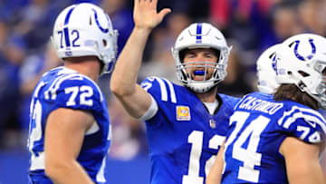 INDIANAPOLIS, IN - OCTOBER 21: Andrew Luck #12 of the Indianapolis Colts celebrates with his team after a touchdown in the second quarter against the Buffalo Bills at Lucas Oil Stadium on October 21, 2018 in Indianapolis, Indiana. (Photo by Andy Lyons/Getty Images)