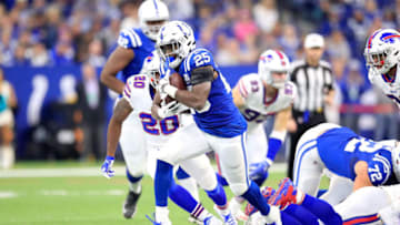 INDIANAPOLIS, IN - OCTOBER 21: Marlon Mack #25 of the Indianapolis Colts runs with the ball in the 37-5 win against the Buffalo Bills at Lucas Oil Stadium on October 21, 2018 in Indianapolis, Indiana. (Photo by Andy Lyons/Getty Images)