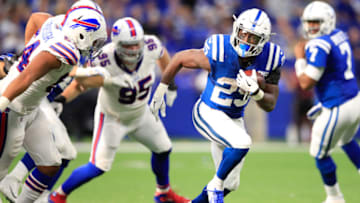 INDIANAPOLIS, IN - OCTOBER 21: Marlon Mack #25 of the Indianapolis Colts runs the ball in the fourth quarter against the Buffalo Billsat Lucas Oil Stadium on October 21, 2018 in Indianapolis, Indiana. (Photo by Andy Lyons/Getty Images)
