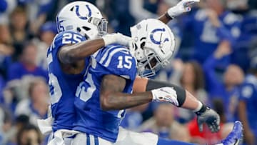 INDIANAPOLIS, IN - OCTOBER 21: Marlon Mack #25 of the Indianapolis Colts and Dontrelle Inman of the Indianapolis Colts celebrate a touchdown during the game against the Buffalo Bills at Lucas Oil Stadium on October 21, 2018 in Indianapolis, Indiana. (Photo by Michael Hickey/Getty Images)