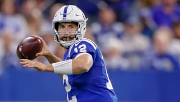 INDIANAPOLIS, IN - OCTOBER 21: Andrew Luck #12 of the Indianapolis Colts drops back to pass during the game against the Buffalo Bills at Lucas Oil Stadium on October 21, 2018 in Indianapolis, Indiana. (Photo by Michael Hickey/Getty Images)