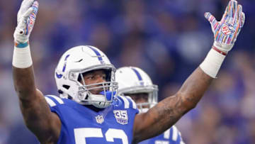 INDIANAPOLIS, IN - OCTOBER 21: Darius Leonard #53 of the Indianapolis Colts looks for crowd support during the game against the Buffalo Bills at Lucas Oil Stadium on October 21, 2018 in Indianapolis, Indiana. (Photo by Michael Hickey/Getty Images)