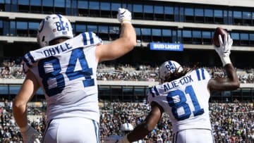 OAKLAND, CA - OCTOBER 28: Mo Alie-Cox #81 of the Indianapolis Colts celebrates with Jack Doyle #84 after his touchdown against the Oakland Raiders in the first quarter of their NFL game at Oakland-Alameda County Coliseum on October 28, 2018 in Oakland, California. (Photo by Robert Reiners/Getty Images)