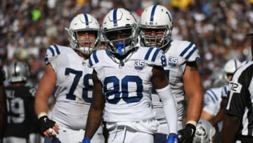 OAKLAND, CA - OCTOBER 28: Chester Rogers #80 of the Indianapolis Colts celebrates after a two-point conversion against the Oakland Raiders during their NFL game at Oakland-Alameda County Coliseum on October 28, 2018 in Oakland, California. (Photo by Robert Reiners/Getty Images)