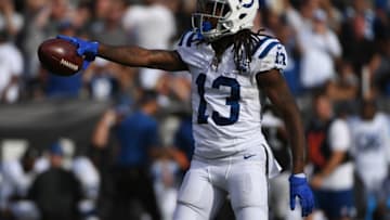 OAKLAND, CA - OCTOBER 28: T.Y. Hilton #13 of the Indianapolis Colts reacts after a first down against the Oakland Raiders during their NFL game at Oakland-Alameda County Coliseum on October 28, 2018 in Oakland, California. (Photo by Robert Reiners/Getty Images)