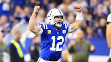 INDIANAPOLIS, IN - NOVEMBER 11: Andrew Luck #12 of the Indianapolis Colts celebrates after throwing a touchdown pass in the game against the Jacksonville Jaguars in the second quarter at Lucas Oil Stadium on November 11, 2018 in Indianapolis, Indiana. (Photo by Andy Lyons/Getty Images)