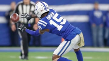 INDIANAPOLIS, IN - NOVEMBER 11: Dontrelle Inman #15 of the Indianapolis Colts makes a pass reception during the game against the Jacksonville Jaguars at Lucas Oil Stadium on November 11, 2018 in Indianapolis, Indiana. (Photo by Michael Hickey/Getty Images)
