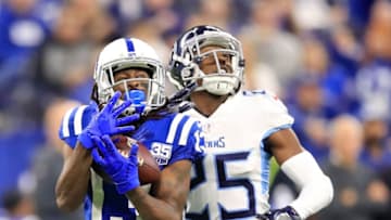 INDIANAPOLIS, IN - NOVEMBER 18: T.Y. Hilton #13 of the Indianapolis Colts catches the ball in the game against the Tennessee Titans at Lucas Oil Stadium on November 18, 2018 in Indianapolis, Indiana. (Photo by Andy Lyons/Getty Images)