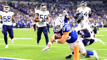 INDIANAPOLIS, INDIANA - NOVEMBER 18: Jordan Wilkins #20 of the Indianapolis Colts dives for a touchdown in the game against the Tennessee Titans in the second quarter at Lucas Oil Stadium on November 18, 2018 in Indianapolis, Indiana. (Photo by Andy Lyons/Getty Images)