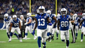 INDIANAPOLIS, INDIANA - NOVEMBER 18: T.Y. Hilton #13 of the Indianapolis Colts runs to celebrate after a touchdown in the game against the Tennessee Titans in the third quarter at Lucas Oil Stadium on November 18, 2018 in Indianapolis, Indiana. (Photo by Bobby Ellis/Getty Images)