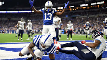 INDIANAPOLIS, INDIANA - NOVEMBER 18: Wide receiver T.Y. Hilton #13 of the Indianapolis Colts celebrates after wide receiver Dontrelle Inman #15 scores a touchdown in the fourth quarter of the game against the Tennessee Titans at Lucas Oil Stadium on November 18, 2018 in Indianapolis, Indiana. (Photo by Bobby Ellis/Getty Images)