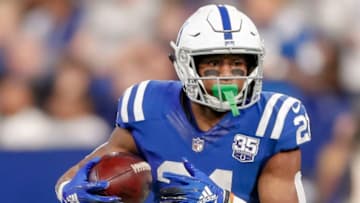 INDIANAPOLIS, IN - DECEMBER 16: Nyheim Hines #21 of the Indianapolis Colts runs the ball during the game against the Dallas Cowboys at Lucas Oil Stadium on December 16, 2018 in Indianapolis, Indiana. (Photo by Michael Hickey/Getty Images)
