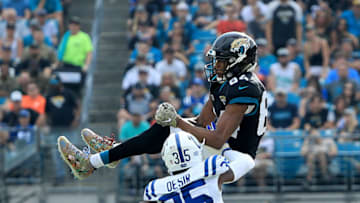 JACKSONVILLE, FLORIDA - DECEMBER 02: Keelan Cole #84 of the Jacksonville Jaguars attempts a reception against Pierre Desir #35 of the Indianapolis Colts during the game on December 02, 2018 in Jacksonville, Florida. (Photo by Sam Greenwood/Getty Images)
