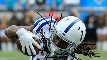 JACKSONVILLE, FLORIDA - DECEMBER 02: T.Y. Hilton #13 of the Indianapolis Colts dives for yardage during the game against the Jacksonville Jaguars on December 02, 2018 in Jacksonville, Florida. (Photo by Sam Greenwood/Getty Images)