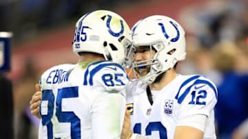 NASHVILLE, TN - DECEMBER 30: Andrew Luck #12 of the Indianapolis Colts celebrtaes a touchdown with Eric Ebron #85 against the Tennessee Titans at Nissan Stadium on December 30, 2018 in Nashville, Tennessee. (Photo by Andy Lyons/Getty Images)