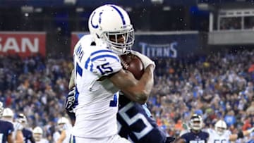 NASHVILLE, TN - DECEMBER 30: Dontrelle Inman #15 of the Indianapolis Colts runs with the ball against the Tennessee Titans at Nissan Stadium on December 30, 2018 in Nashville, Tennessee. (Photo by Andy Lyons/Getty Images)
