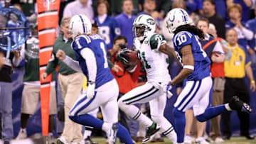 INDIANAPOLIS, IN - JANUARY 08: Antonio Cromartie #31 of the New York Jets returns a kickoff 47-yards in the final minute of the fourth quarter against kicker Pat McAfee #1 of the Indianapolis Colts during their 2011 AFC wild card playoff game at Lucas Oil Stadium on January 8, 2011 in Indianapolis, Indiana. The Jets won 17-16. (Photo by Andy Lyons/Getty Images)