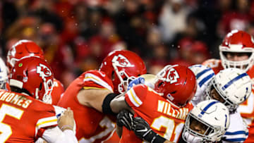 KANSAS CITY, MO - JANUARY 12: Darrel Williams #31 of the Kansas City Chiefs pushes his way in to the end zone for the chiefs last touchdown against the Indianapolis Colts during the fourth quarter of the AFC Divisional Round playoff game at Arrowhead Stadium on January 12, 2019 in Kansas City, Missouri. (Photo by Jamie Squire/Getty Images)