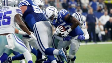 INDIANAPOLIS, INDIANA - DECEMBER 16: Marlon Mack #25 of the Indianapolis Colts runs the ball for a touchdown in the game against the Dallas Cowboys in the first quarter at Lucas Oil Stadium on December 16, 2018 in Indianapolis, Indiana. (Photo by Joe Robbins/Getty Images)