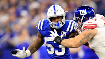 INDIANAPOLIS, INDIANA - DECEMBER 23: Darius Leonard #53 of the Indianapolis Colts in action during the game against the New York Giants in the second quarter at Lucas Oil Stadium on December 23, 2018 in Indianapolis, Indiana. (Photo by Andy Lyons/Getty Images)