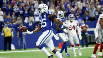 INDIANAPOLIS, INDIANA - DECEMBER 23: Marlon Mack #25 iof the Indianapolis Colts runs the ball for a touchdown in the game against the New York Giants in the third quarter at Lucas Oil Stadium on December 23, 2018 in Indianapolis, Indiana. (Photo by Joe Robbins/Getty Images)