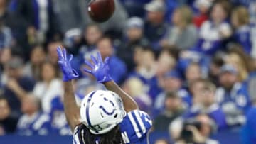 INDIANAPOLIS, INDIANA - DECEMBER 23: T.Y. Hilton #13 of the Indianapolis Colts catches a pass in the game against the New York Giants in the third quarter at Lucas Oil Stadium on December 23, 2018 in Indianapolis, Indiana. (Photo by Joe Robbins/Getty Images)