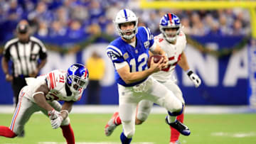 INDIANAPOLIS, INDIANA - DECEMBER 23: Andrew Luck #12 of the Indianapolis Colts runs the ball in the game against the New York Giants in the fourth quarter at Lucas Oil Stadium on December 23, 2018 in Indianapolis, Indiana. (Photo by Andy Lyons/Getty Images)