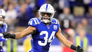 INDIANAPOLIS, INDIANA - DECEMBER 23: Mike Mitchell #34 of the Indianapolis Colts celebrates after a interception in the final minute of the game of the Colts 28-27 win against the New York Giants at Lucas Oil Stadium on December 23, 2018 in Indianapolis, Indiana. (Photo by Andy Lyons/Getty Images)