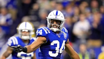 INDIANAPOLIS, INDIANA - DECEMBER 23: Mike Mitchell #34 of the Indianapolis Colts celebrates after a interception in the final minute of the game of the Colts 28-27 win against the New York Giants at Lucas Oil Stadium on December 23, 2018 in Indianapolis, Indiana. (Photo by Andy Lyons/Getty Images)