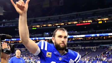 INDIANAPOLIS, INDIANA - DECEMBER 23: Andrew Luck #12 of the Indianapolis Colts waves to the crowd as he leaves the field following the 28-27 win over the New York Giants at Lucas Oil Stadium on December 23, 2018 in Indianapolis, Indiana. (Photo by Andy Lyons/Getty Images)
